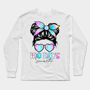 100 Days Smarter Girls Messy Bun Hair 100th Day Tie Dye Long Sleeve T-Shirt